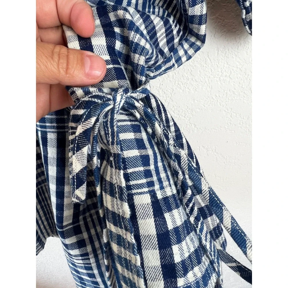 J. Crew Blue and White Plaid Short Sleeve Wrap Blouse